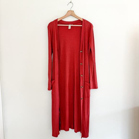 Allison Joy Button Front Rib Knit Long Sleeve Duster Cardigan Rust Red S - Picture 1 of 8